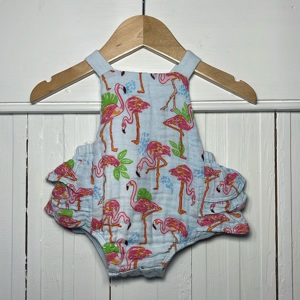 MUDPIE NWOT 100% Cotton Muslin Ruffle Flamingo Sunsuit Bubble